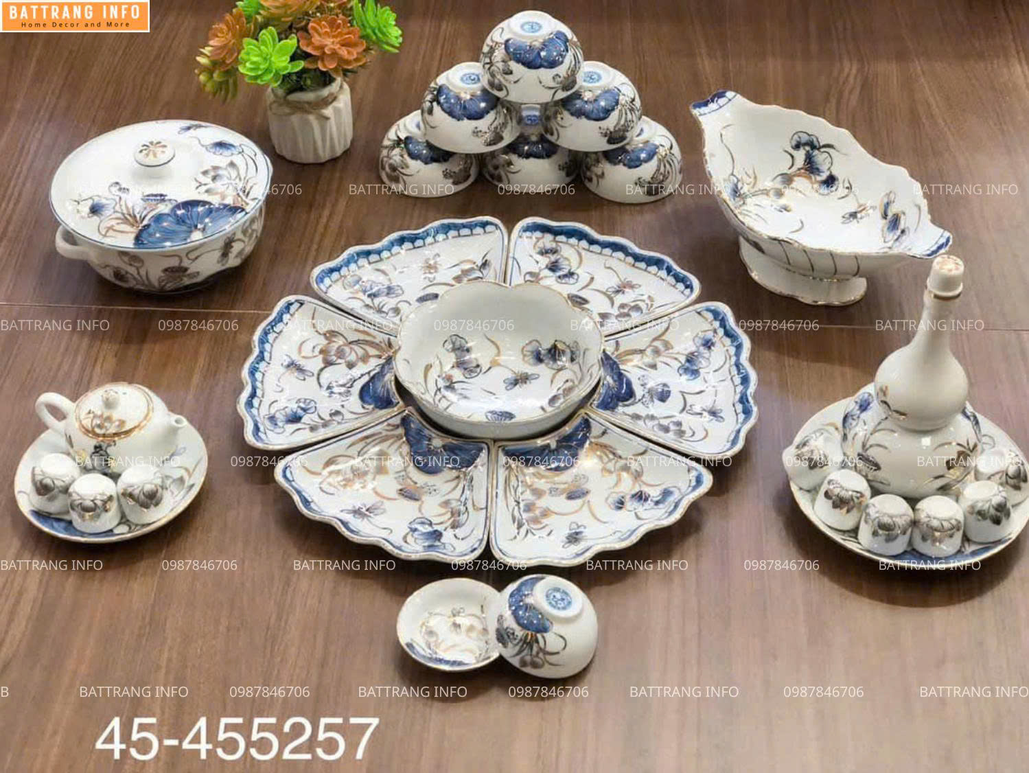 Bộ bát đĩa mặt trời vẽ sen vẽ vàng cao cấp Bát Tràng – P55