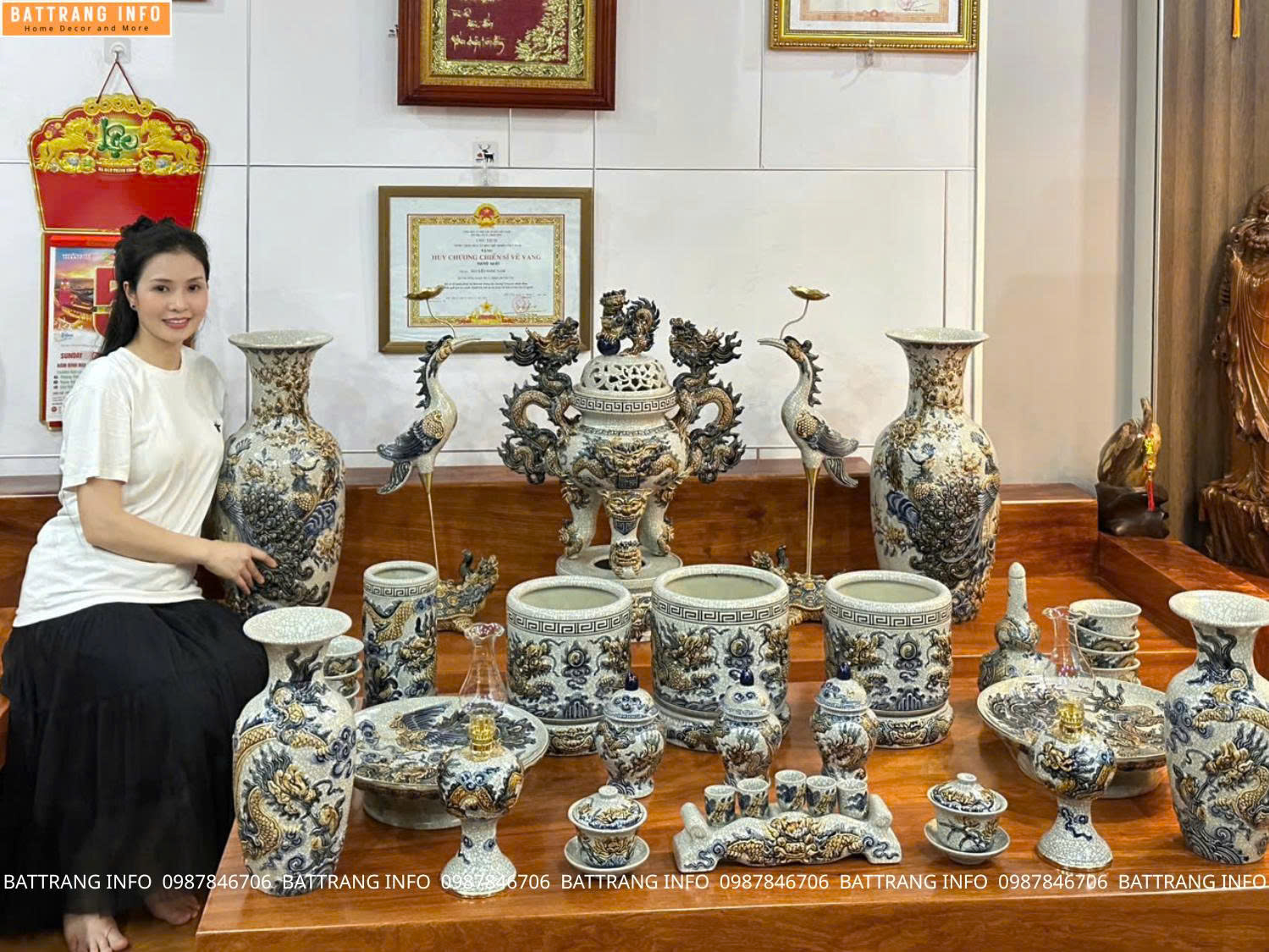 Bộ Đồ Thờ Men Rạn Đắp Nổi Kỹ Cao Cấp Bát Tràng