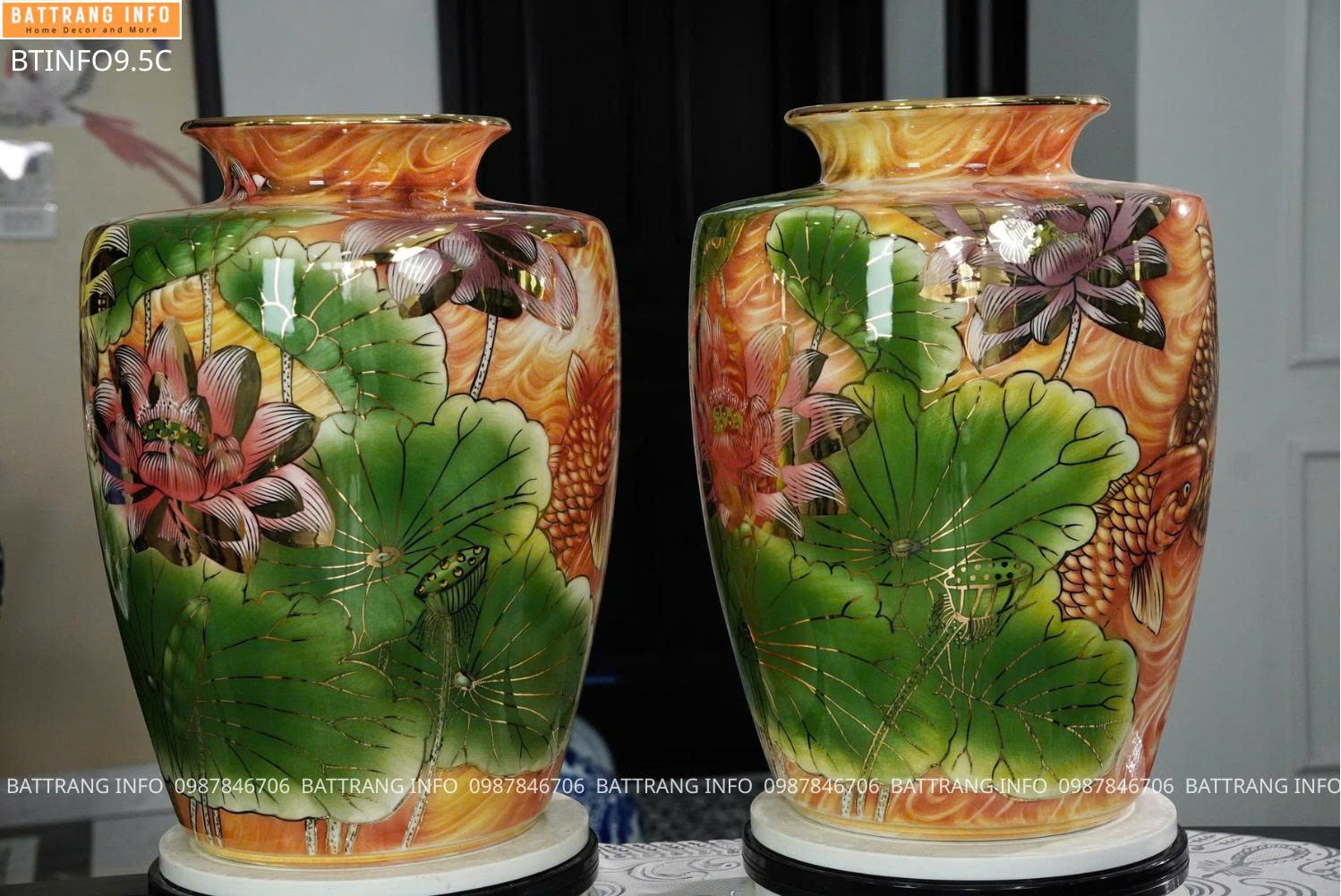 Bình tụ lộc sen cá hoá rồng vẽ vàng 24K cao cấp Bát Tràng – Biểu tượng phong thuỷ tài lộc và thịnh vượng