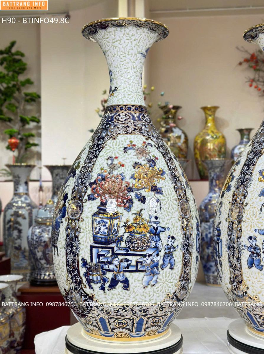 Tỳ Bà Tứ Quý Cổ Đồ Nền Gấm Men Lam Vẽ Vàng 24K – Siêu VIP Hàng Bát Tràng Cao Cấp