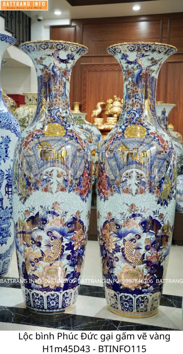 Lộc Bình Phúc Đức Gấm Vẽ Vàng Cao Cấp Bát Tràng Cao 1m45 – Biểu Tượng Tài Lộc & Phú Quý Cho Không Gian Sống