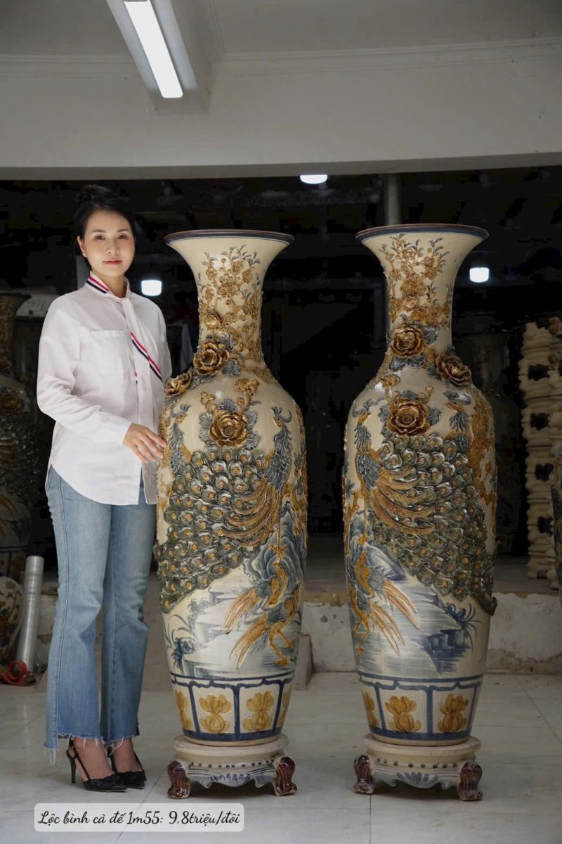 Lộc Bình Công Danh Phú Quý Men Rạn Đắp Nổi Cao Cấp Bát Tràng Cao 1m55