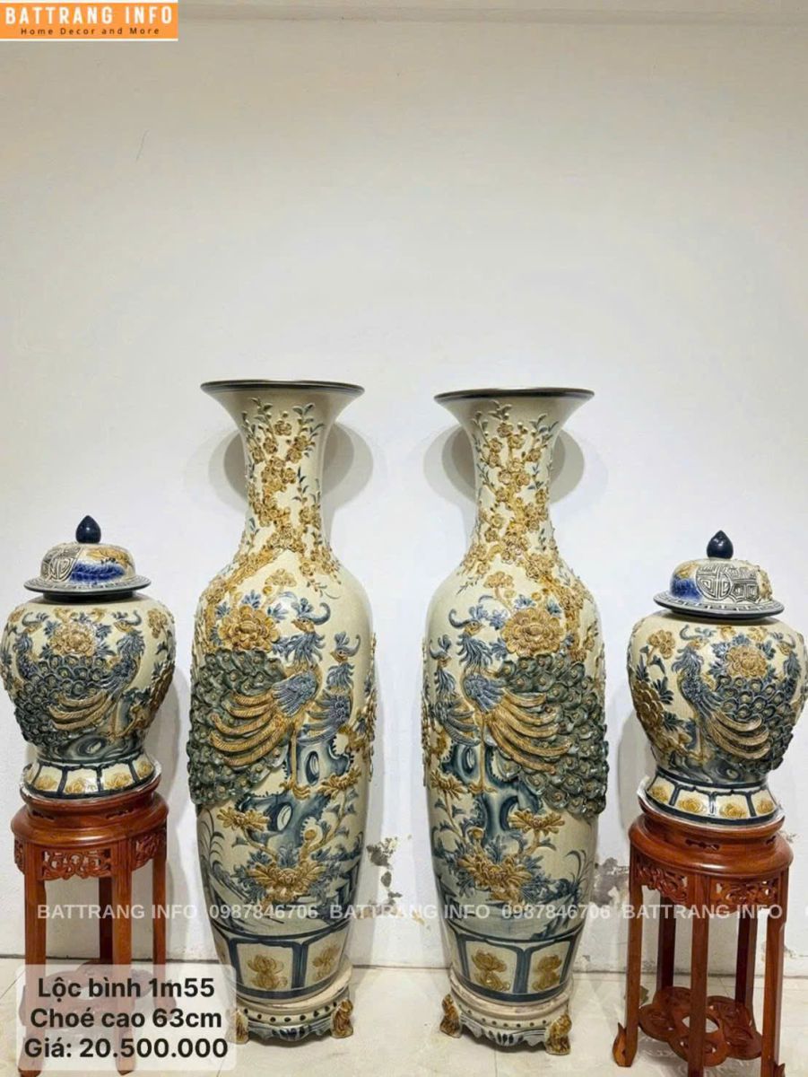 Combo Lộc Bình Cao 1m55 và Choé Cao 63cm Công Danh Phú Quý Men Rạn Đắp Nổi Cao Cấp Bát Tràng