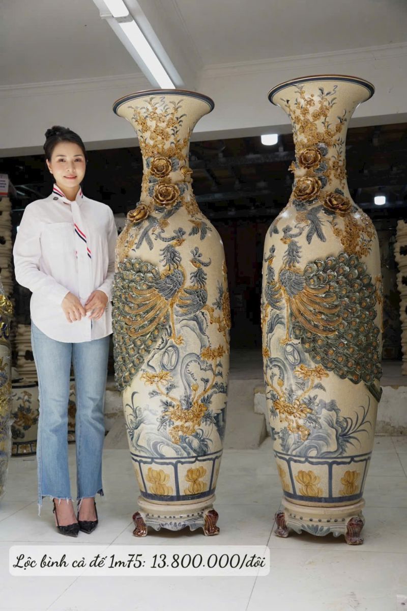Lộc Bình Công Danh Phú Quý Men Rạn Đắp Nổi Cao Cấp Bát Tràng Cao 1m75