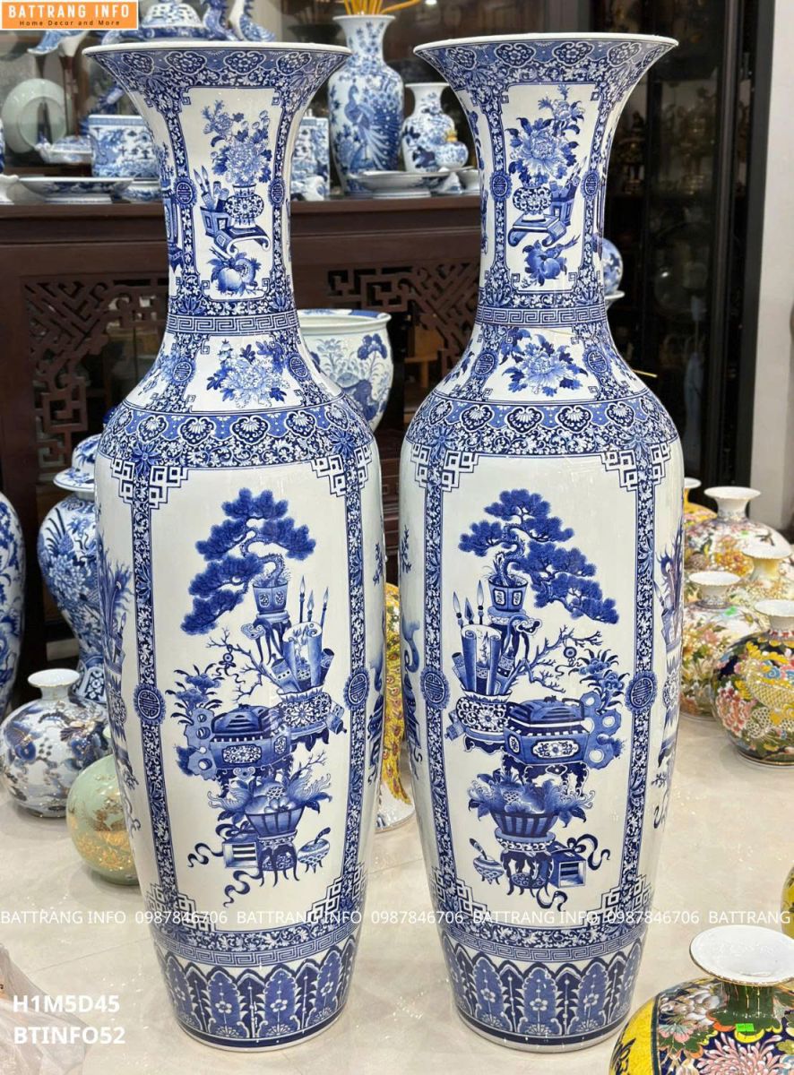 Lộc Bình Tứ Cảnh Cổ Đồ Men Lam Vẽ Tay Cao 1m50 Cao Cấp Bát Tràng – Vẻ Đẹp Phong Thủy Sang Trọng Cho Không Gian Việt