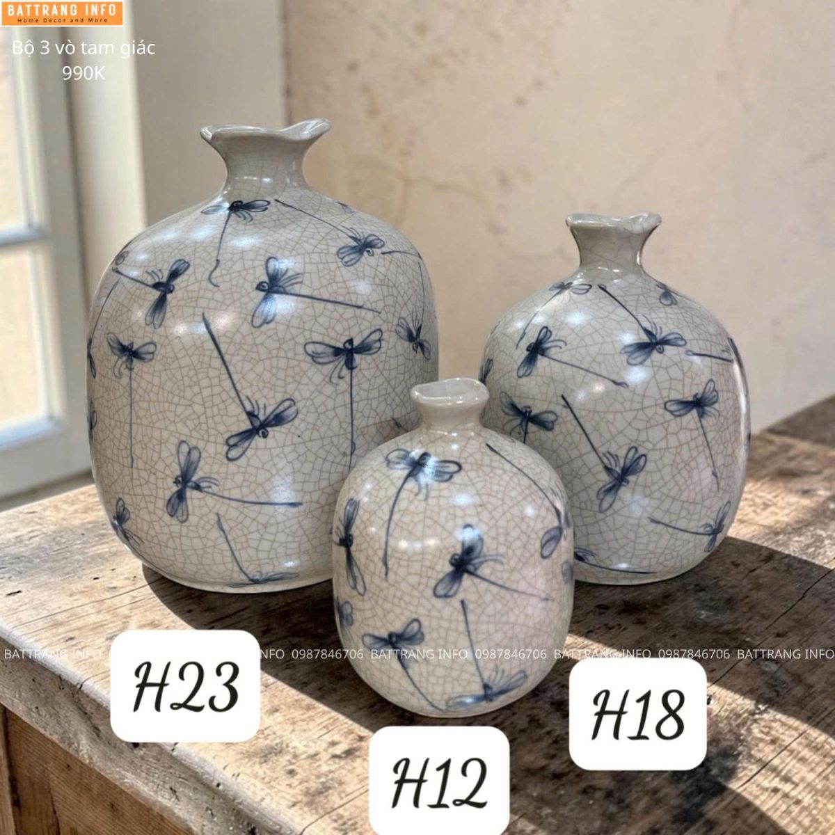 Bộ 3 Bình Trang Trí & Cắm Hoa Men Rạn Vẽ Tay Cao Cấp Bát Tràng
