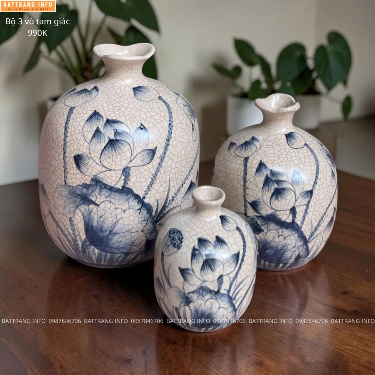 Bộ 3 Bình Trang Trí & Cắm Hoa Men Rạn Vẽ Tay Cao Cấp Bát Tràng
