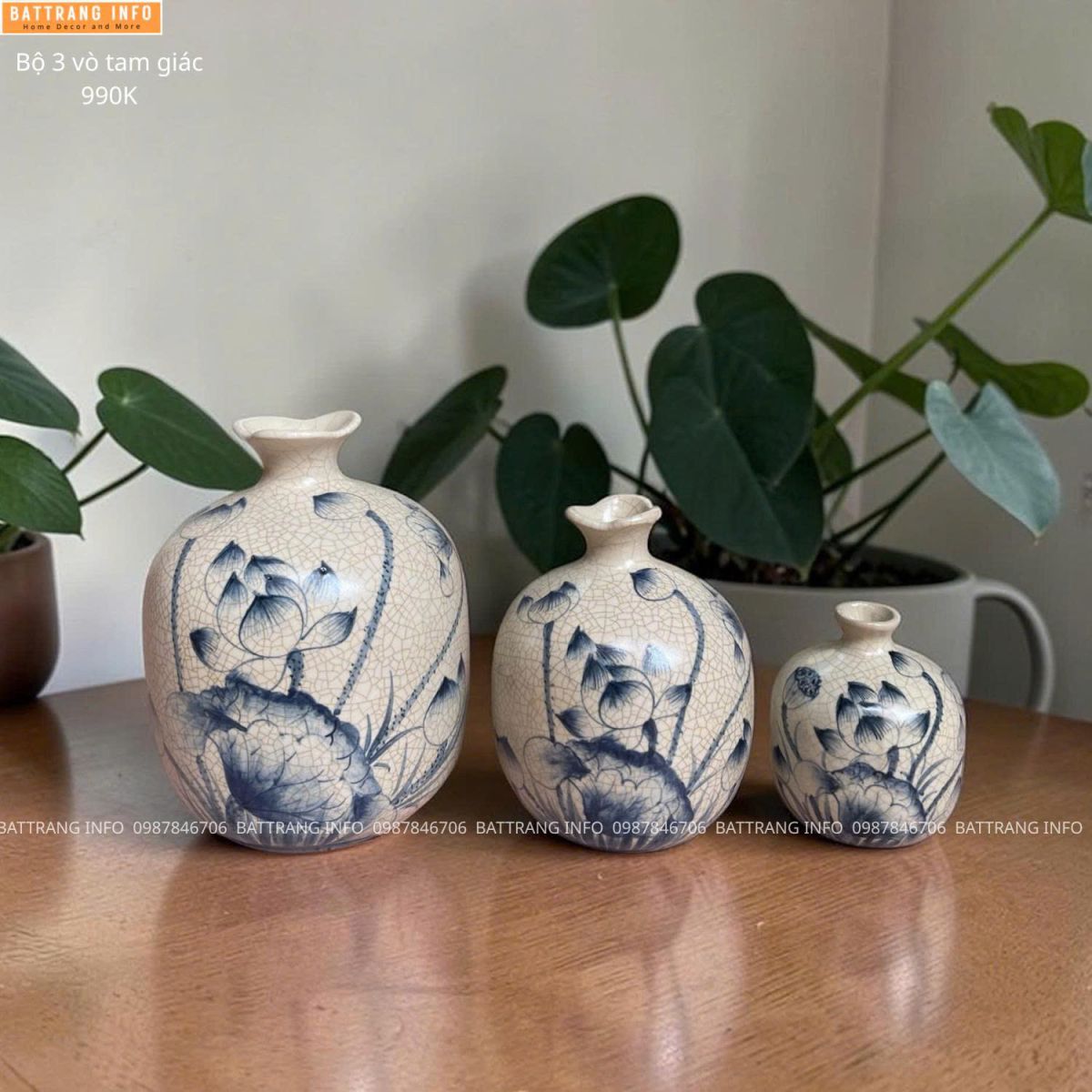 Bộ 3 Bình Trang Trí & Cắm Hoa Men Rạn Vẽ Tay Cao Cấp Bát Tràng