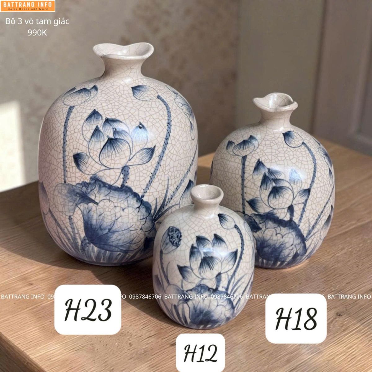 Bộ 3 Bình Trang Trí & Cắm Hoa Men Rạn Vẽ Tay Cao Cấp Bát Tràng