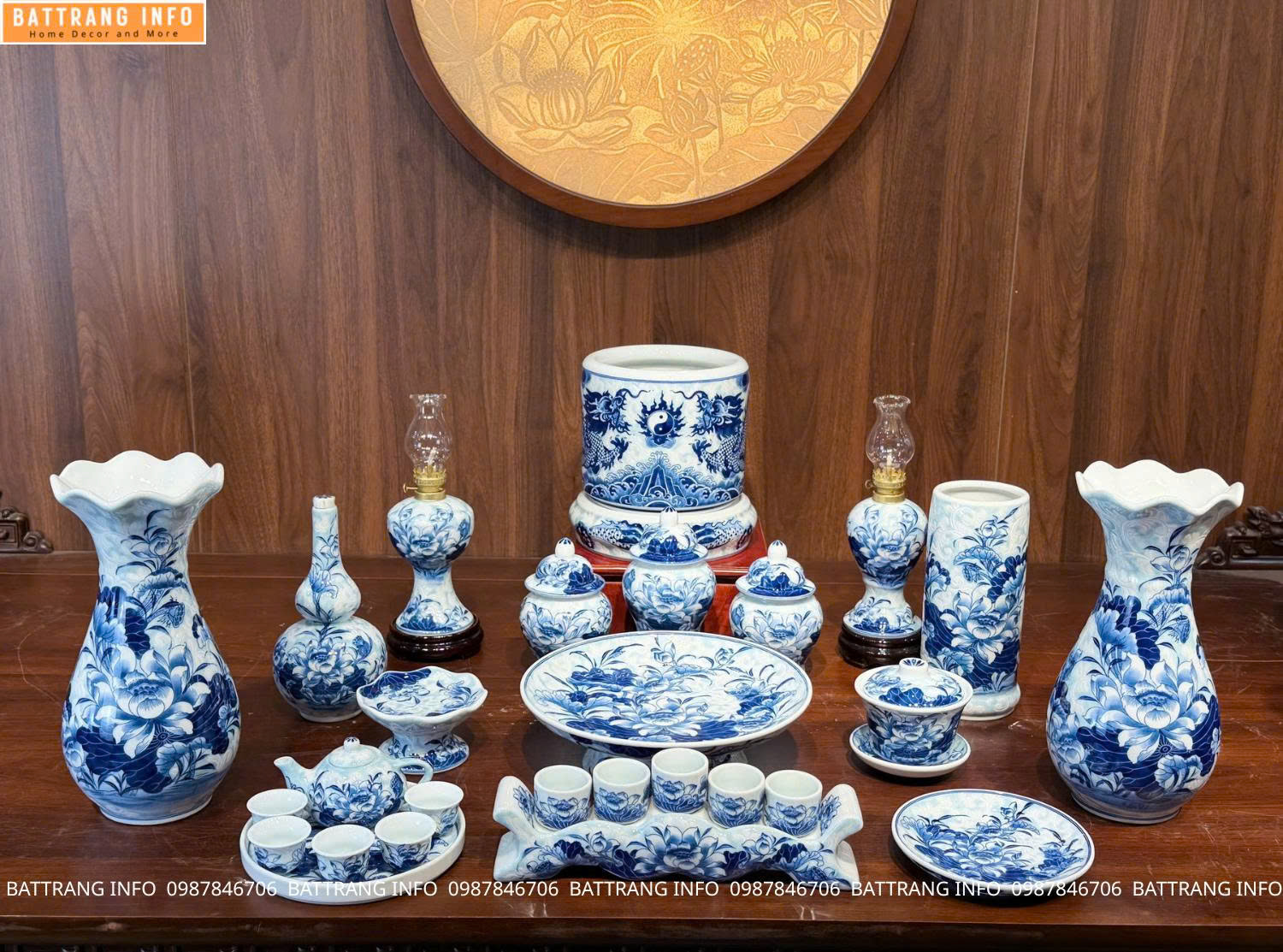 Bộ Đồ Thờ Gại Gấm Men Xanh Lam VIP Bát Tràng