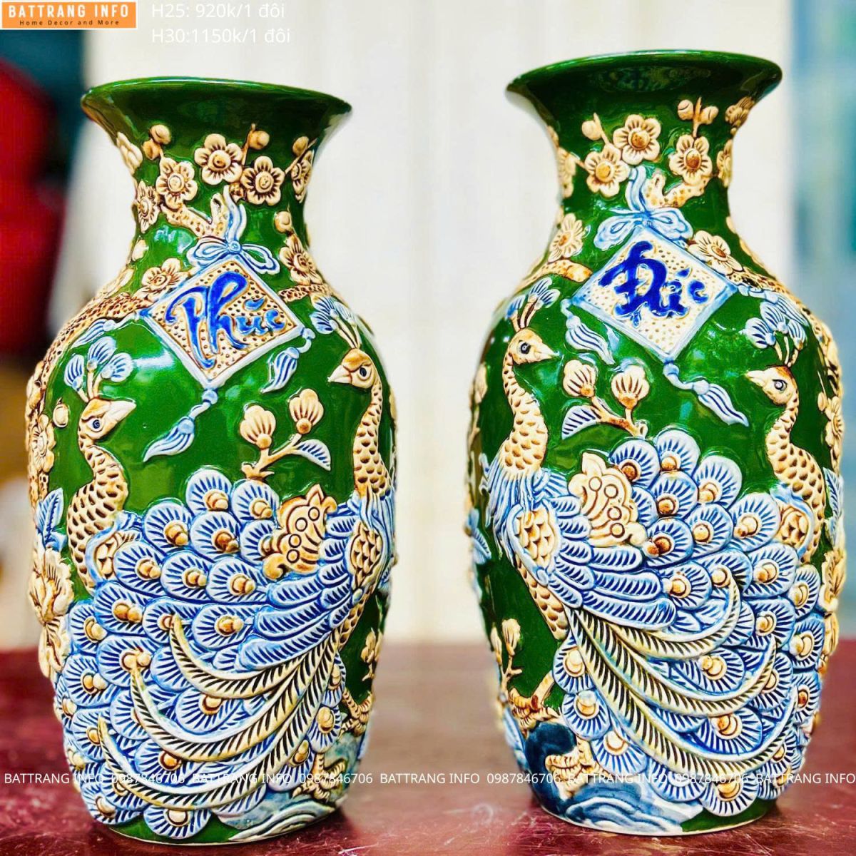 Lọ Hoa Thờ Men Màu Công Đắp Nổi Chữ Phúc Đức Cao Cấp Bát Tràng – Mang Lại Sinh Khí Cho Không Gian Thờ Cúng