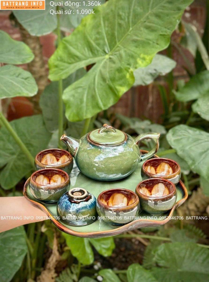 Bộ Ấm Chén Khay Lá Sen Men Hỏa Biến Chén Lòng Hoa Cao Cấp Bát Tràng