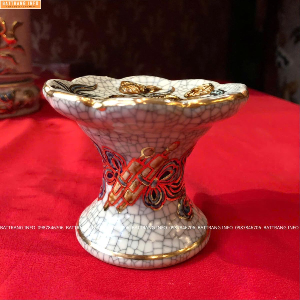 Chân Nến Men Rạn Hoa Sen Đắp Nổi Vẽ Vàng 24K Cao Cấp Bát Tràng 2