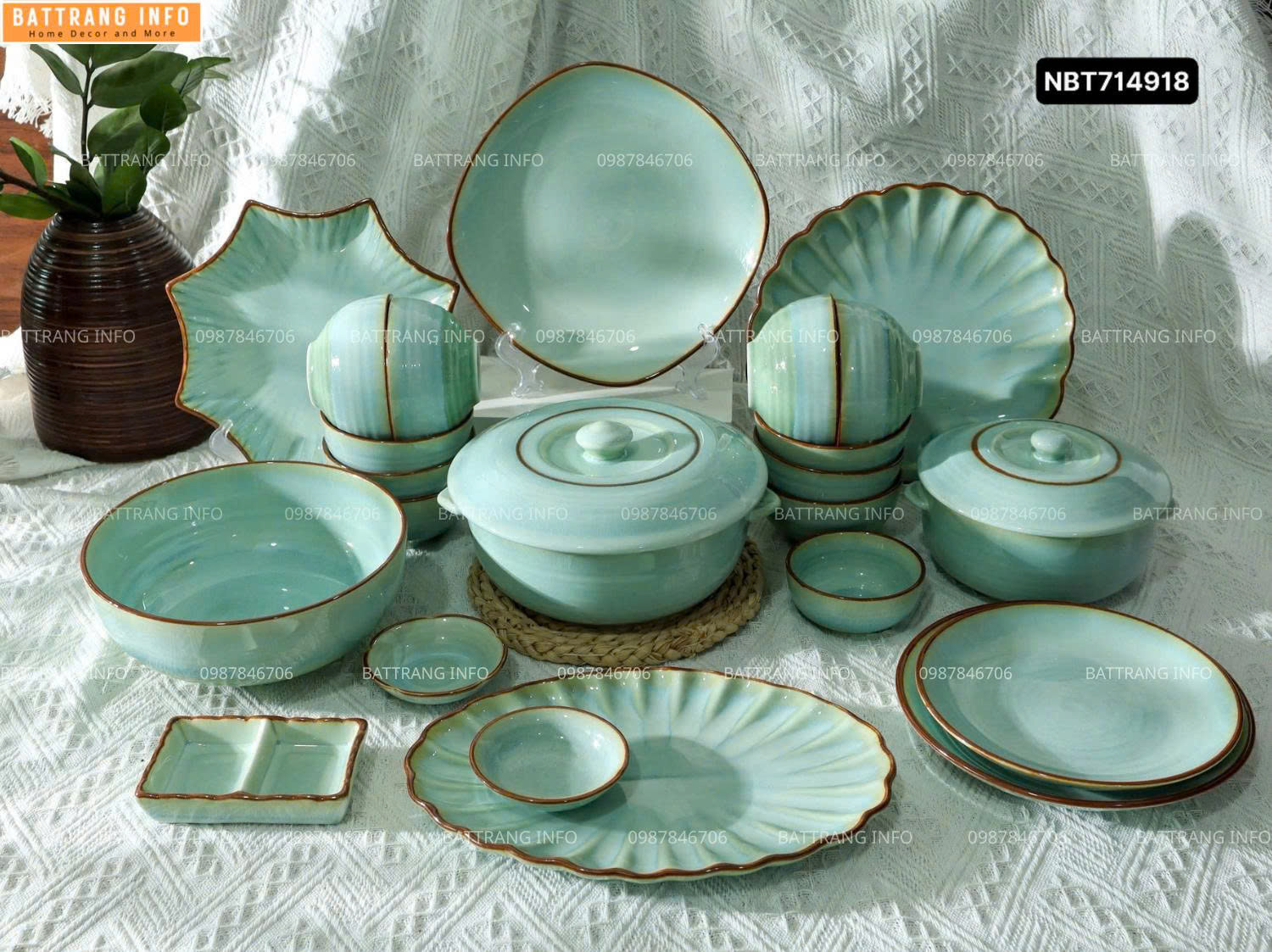 Bộ Bát Đĩa Xanh Ngọc Cao Cấp Bát Tràng