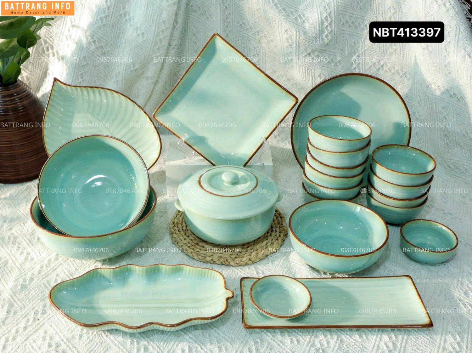 Bộ Bát Đĩa Xanh Ngọc Cao Cấp Bát Tràng