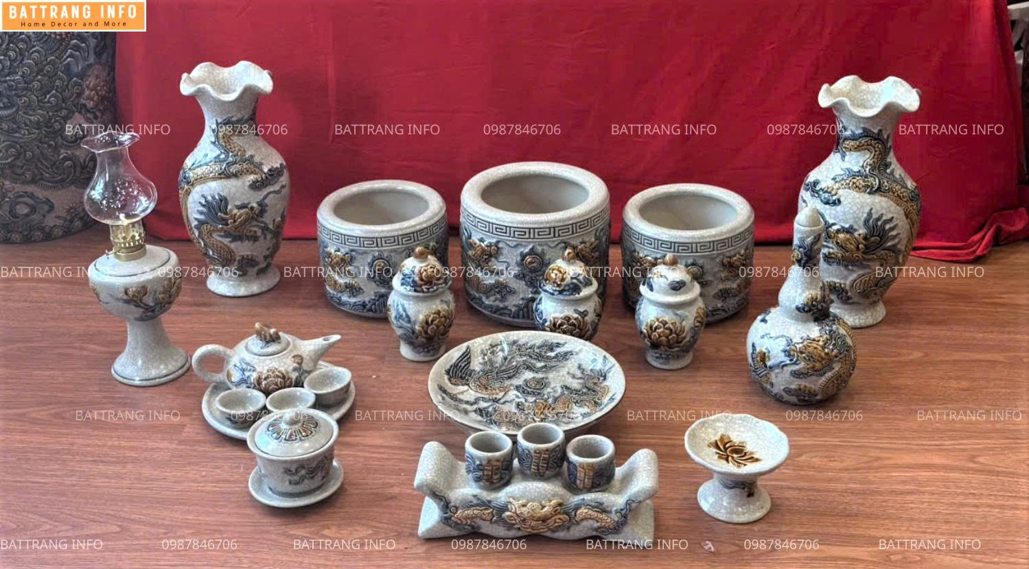 Địa Chỉ Bán Bộ Đồ Thờ Men Rạn Đắp Nổi Họa Tiết Rồng Và Sen Cao Cấp Bát Tràng Giá Rẻ Ở Hà Nội