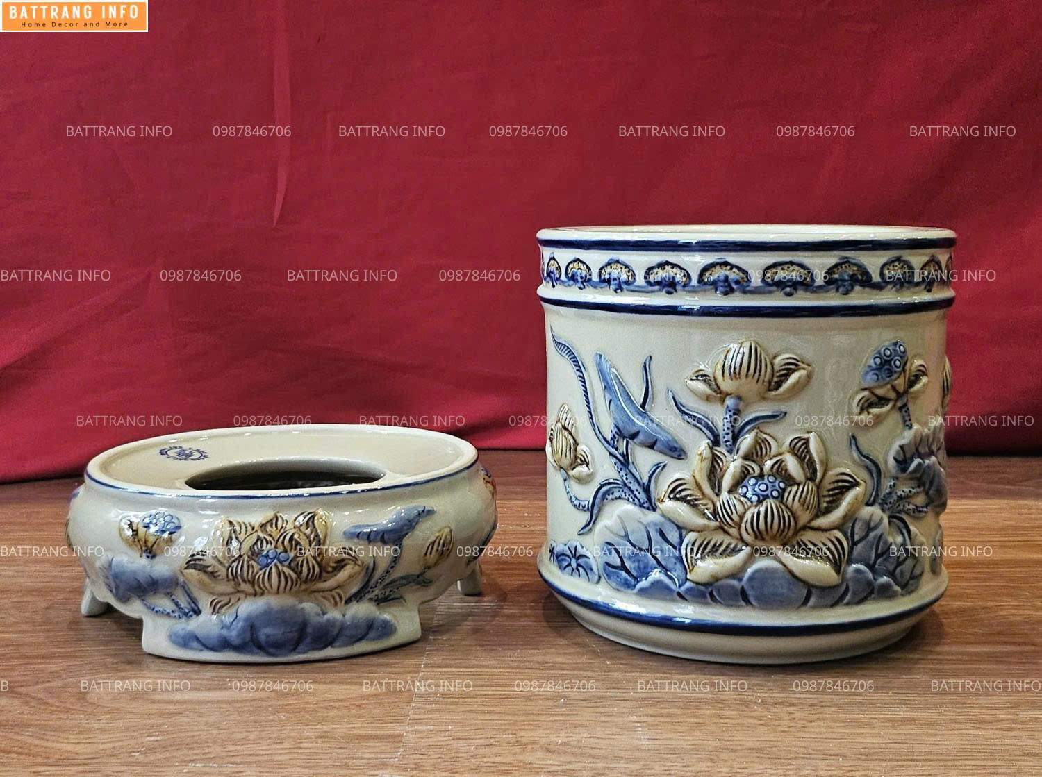 Bát Hương Men Hoàng Thổ Hoa Sen Đắp Nổi Cao Cấp Bát Tràng P14 2