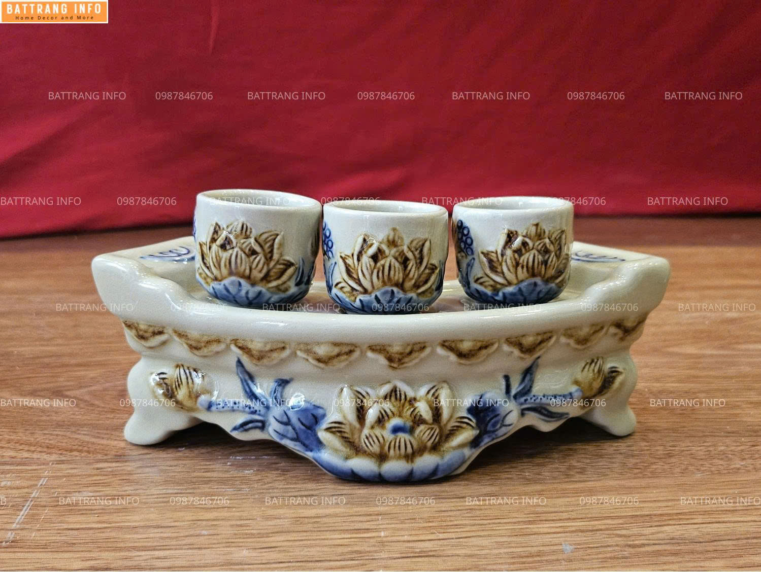 Bộ Kỷ 3 Chén Men Hoàng Thổ Hoa Sen Đắp Nổi Cao Cấp Bát Tràng