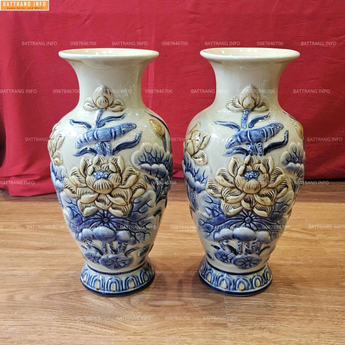 Lọ Cắm Hoa Ban Thờ Men Hoàng Thổ Hoa Sen Đắp Nổi Cao Cấp Bát Tràng  H28
