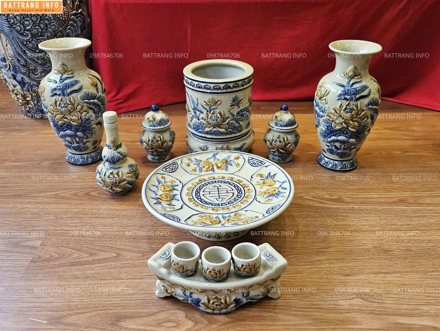 Bộ Đồ Thờ Men Hoàng Thổ Hoa Sen Đắp Nổi Cao Cấp Bát Tràng 2